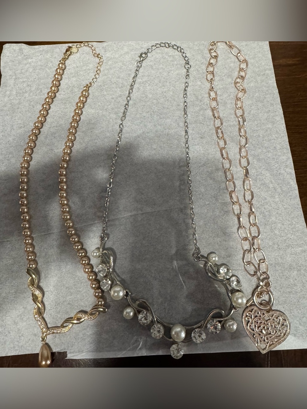 Costume Jewelry Lot - 3 necklaces - rose gold and silver